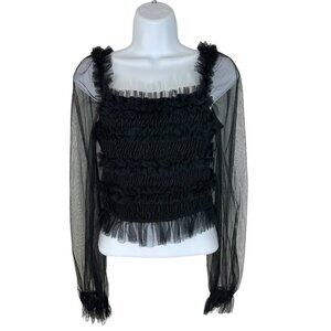 Blashe Women's Size L Tulle Smocked Cropped Black Blouse Whimsigoth Dark Fairy